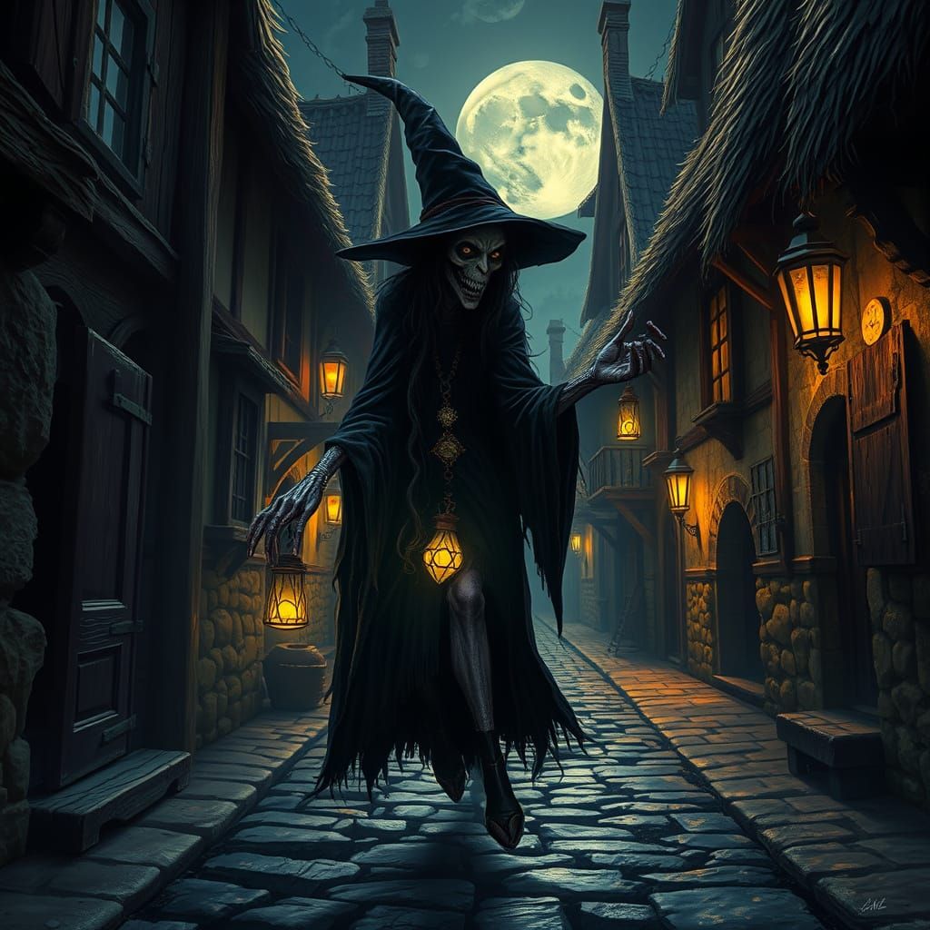 Sinister Medieval Witch Weaves Dark Magic Under the Lunar Gl...