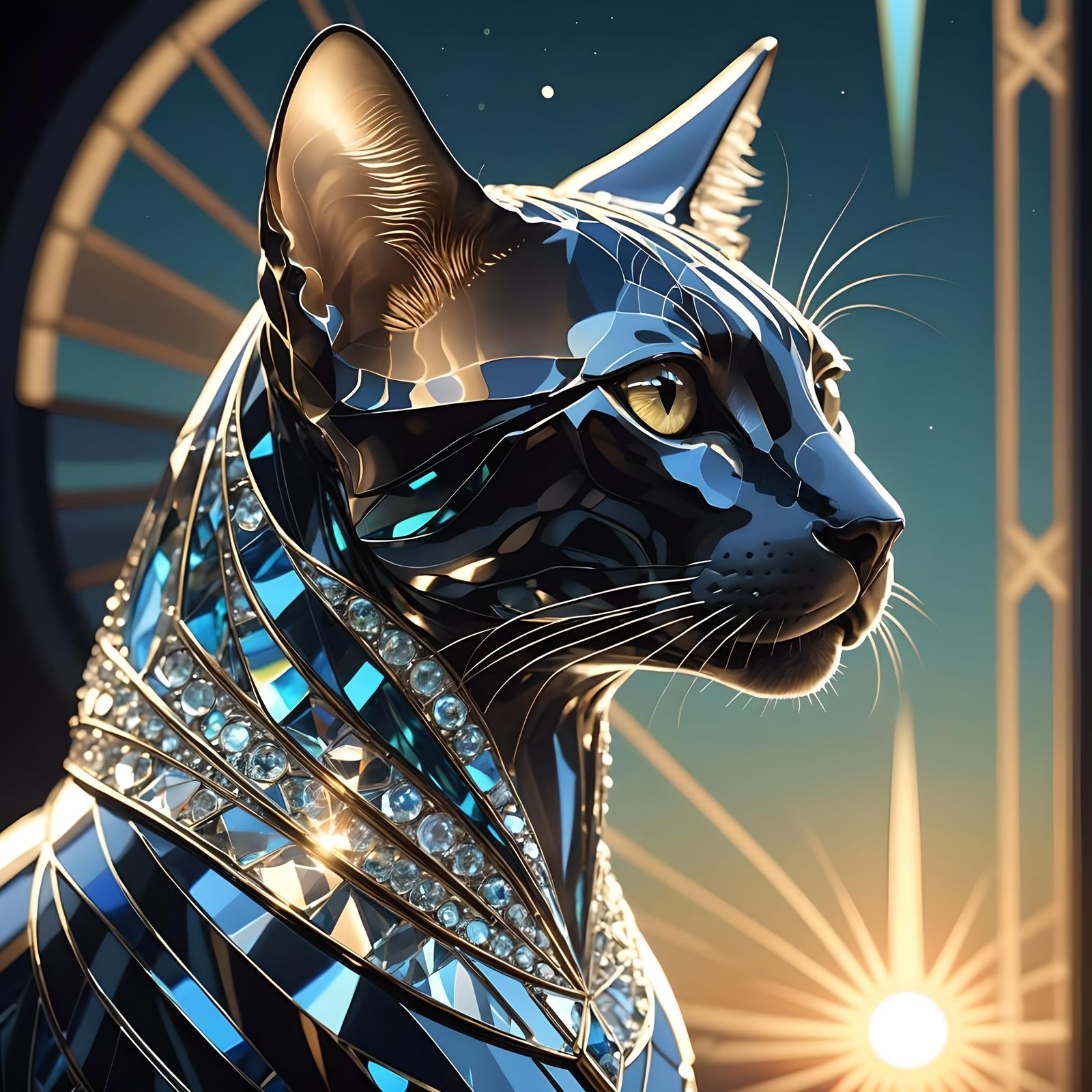 Art Deco Crystal Sphinx Cat in Prismatic Light