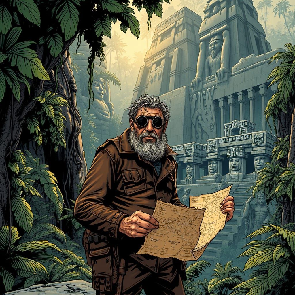 Explorer Discovers Ancient Jungle City in Vintage Comic Styl...