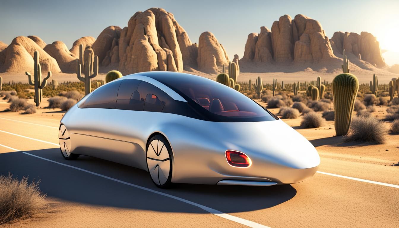 Futuristic Solar Car on Desert Road in 3D