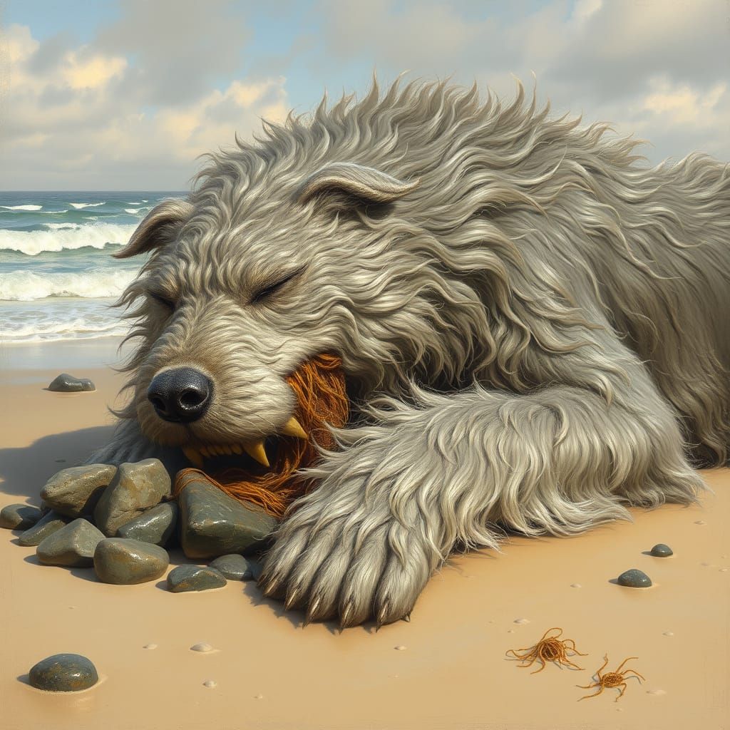 Giant Grey Sea Dog Basks on Sandy Beach
