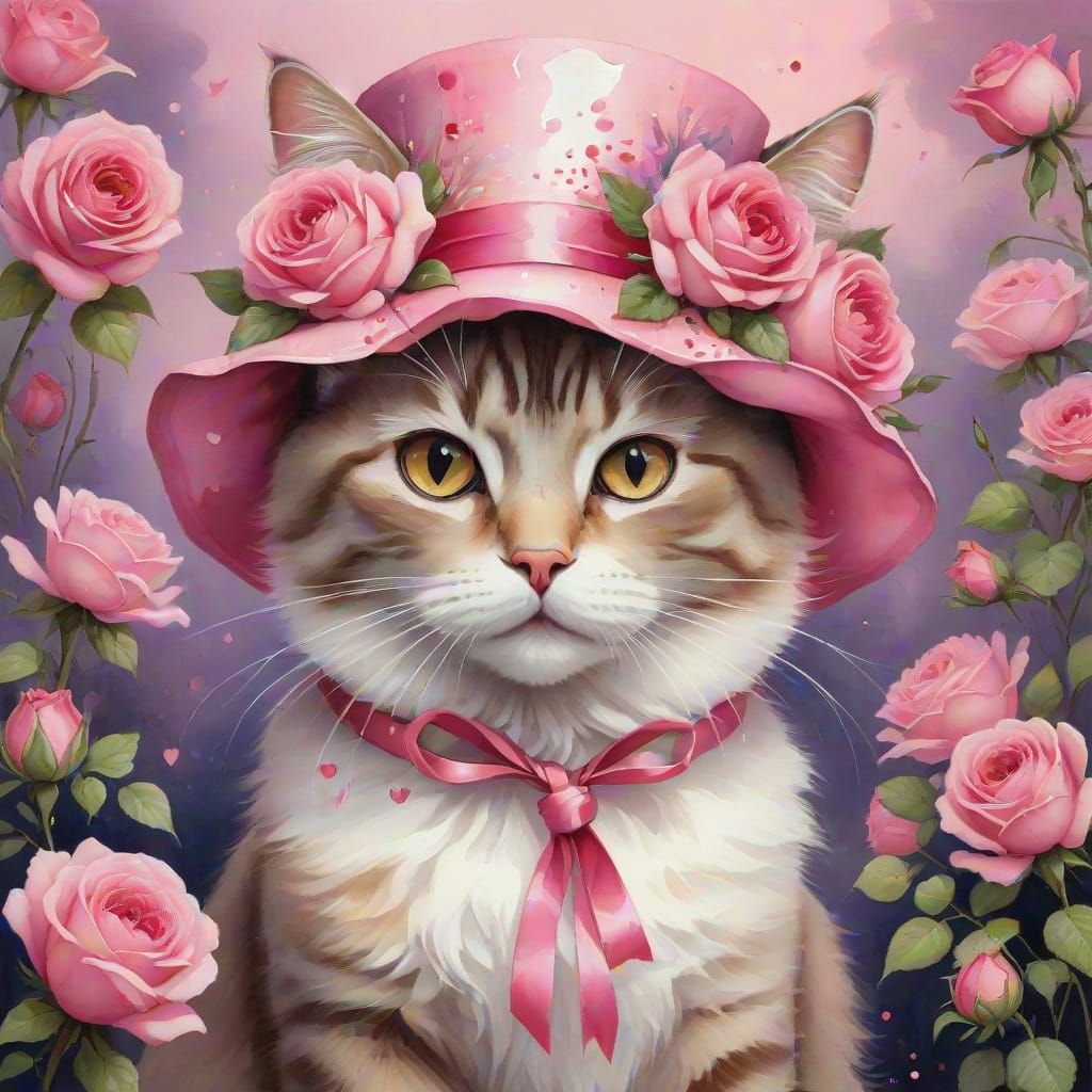 Enchanting Whimsical Watercolor of a Valentine Cat in a Pink...