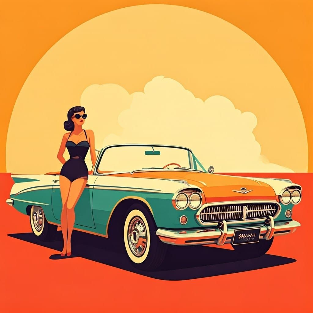 Vintage Hertz Car and Beachside Girl in Colorful Paradise
