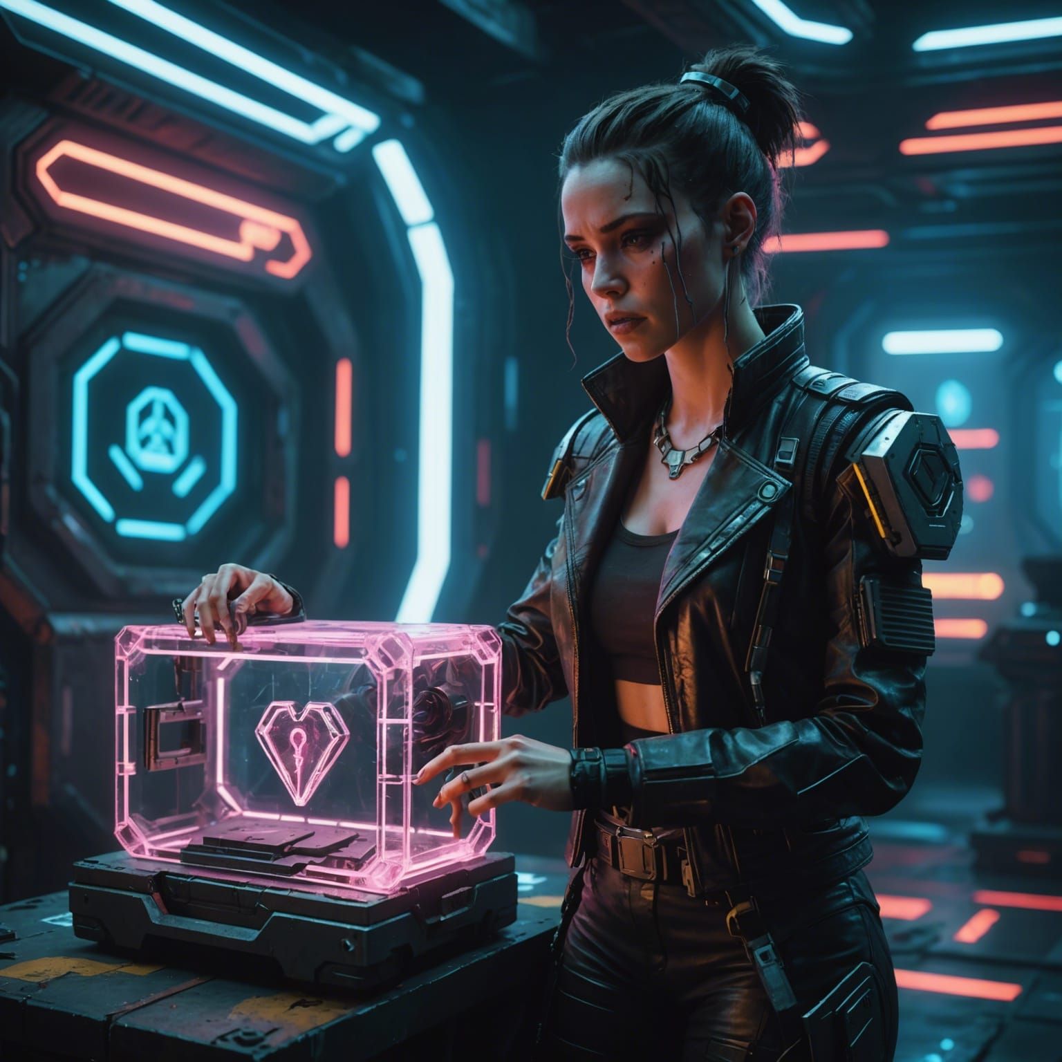 Crying Cyberpunk Woman with Heart in Glass Box