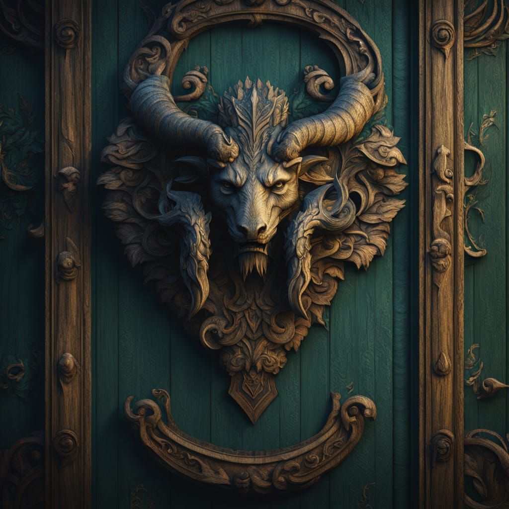 Wooden Crest with Carved Animal Heads on Green Wall