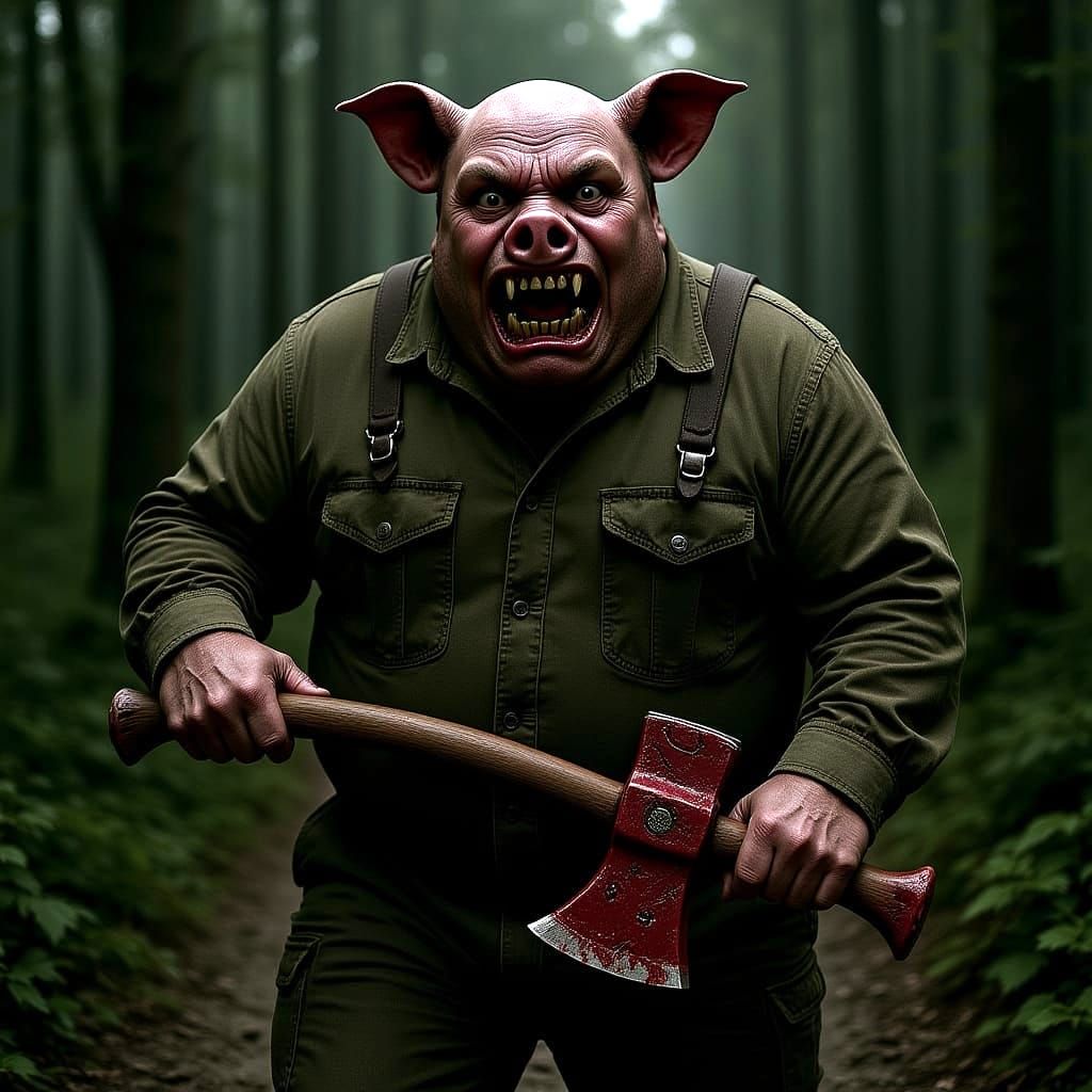 Horror Scene: Man in Pig Mask with Axe in Forest