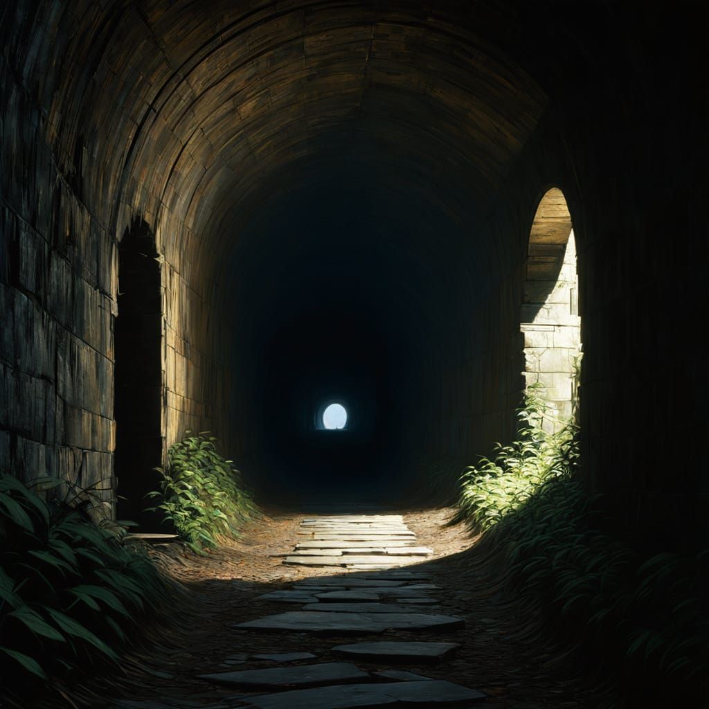 Chiaroscuro Tunnel Scene in Dark, Anime-Inspired Style