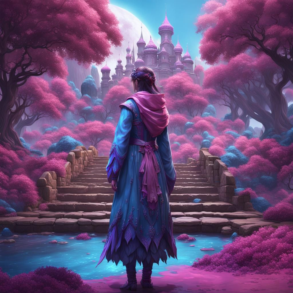 Fantasy Girl in Pink, Blue, and Purple Tones