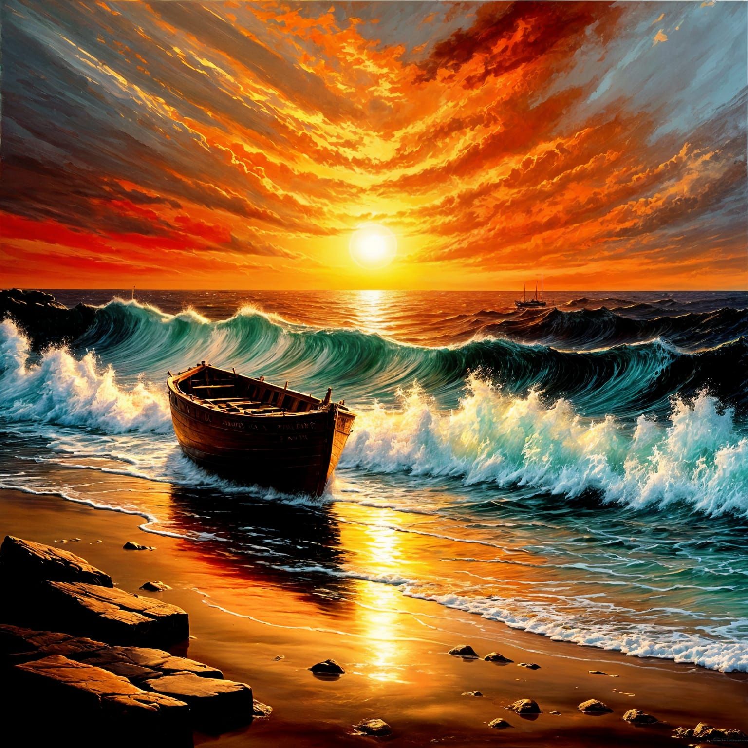 Dramatic Fantasy Seascape Oil Painting at Sunset