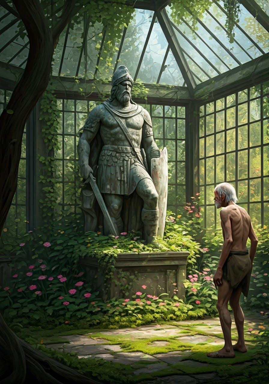 Weathered Warrior Statue in Overgrown Greenhouse