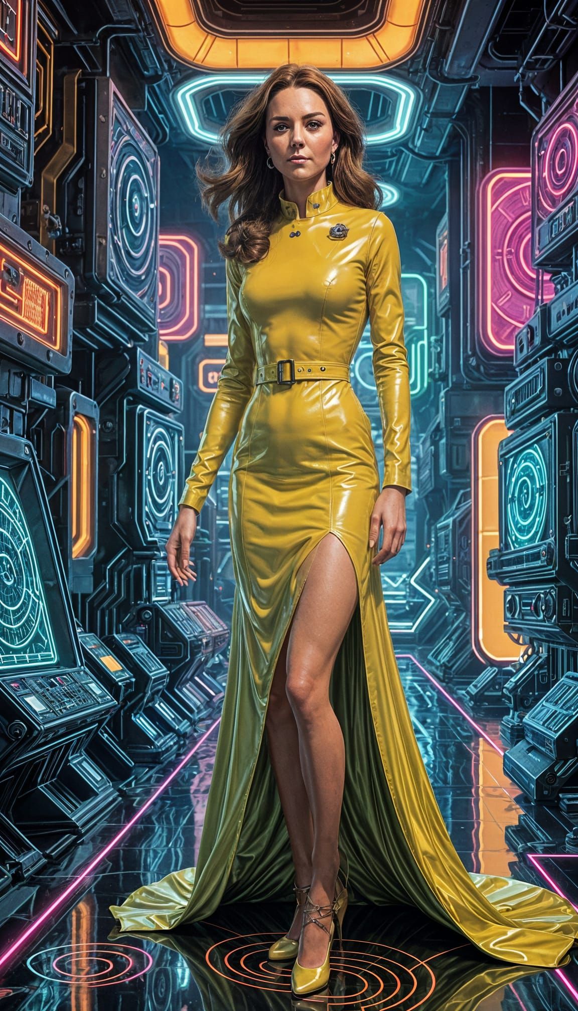 Retro Pin-Up Model in Neon City with Laser Pistol