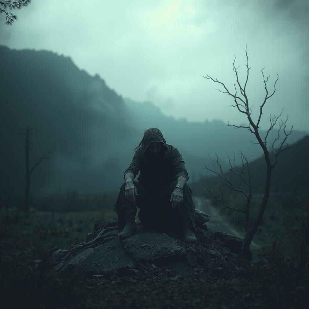 Melancholic Figure in Desolate Landscape Painting