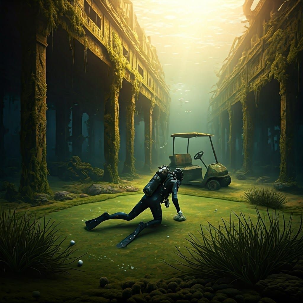 Underwater Golf Course Diver in Hyperrealistic Style