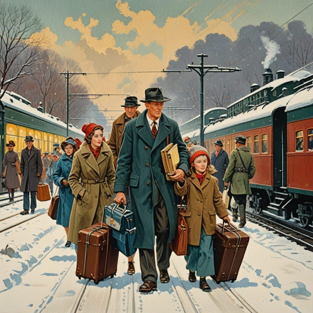 Nostalgic Winter Family Scene in Classic Gouache Style