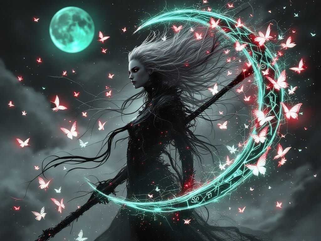 Cosmic Reaper Girl Wields Crescent Moon Scythe in Neon Haze