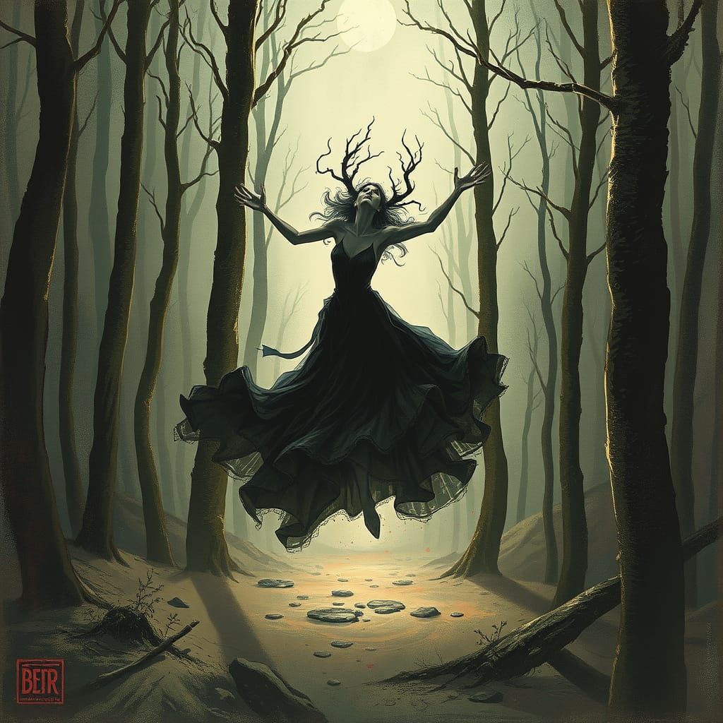 Sorceress Dancing Under Moonlight in Dark Forest