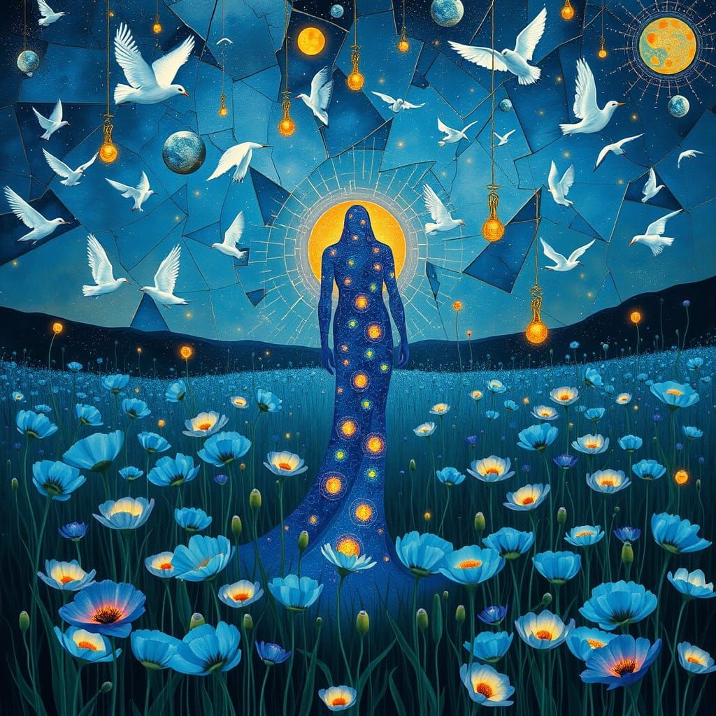 Blue Man in Poppy Field with Kusama Dots