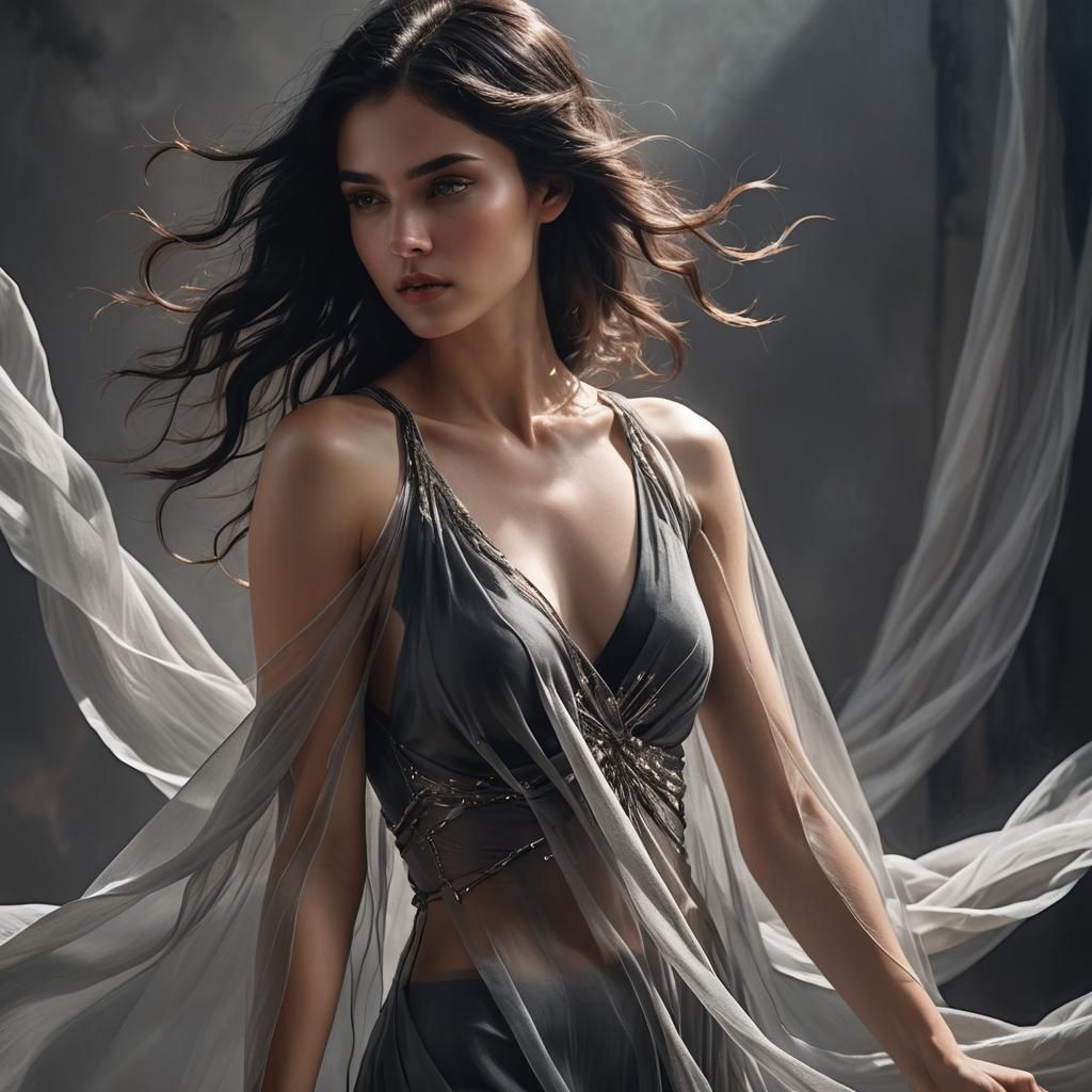 Ethereal Girl in Transparent Cloth, Art Nouveau Style