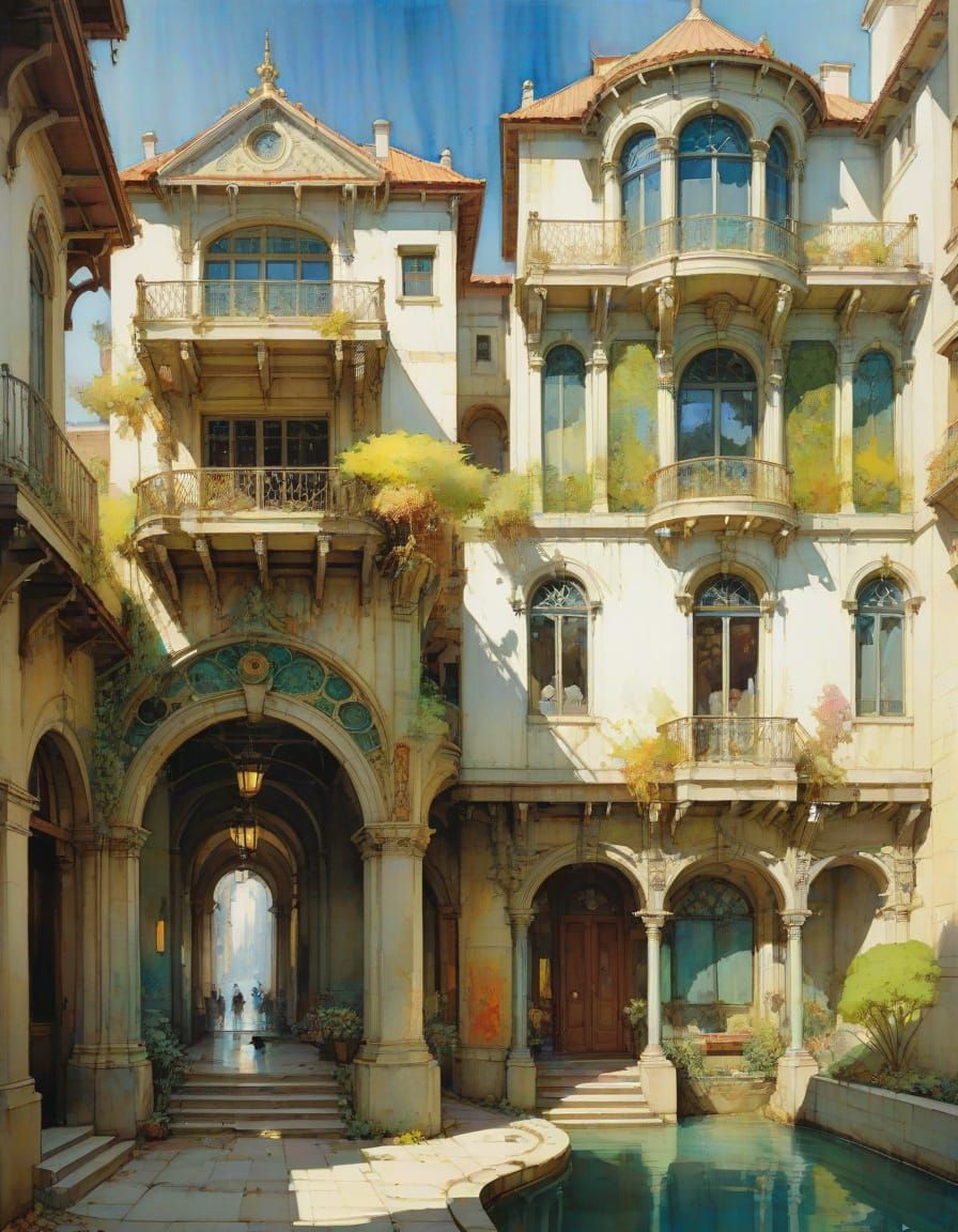 Elaborate Architecture in Art Nouveau Watercolor Style