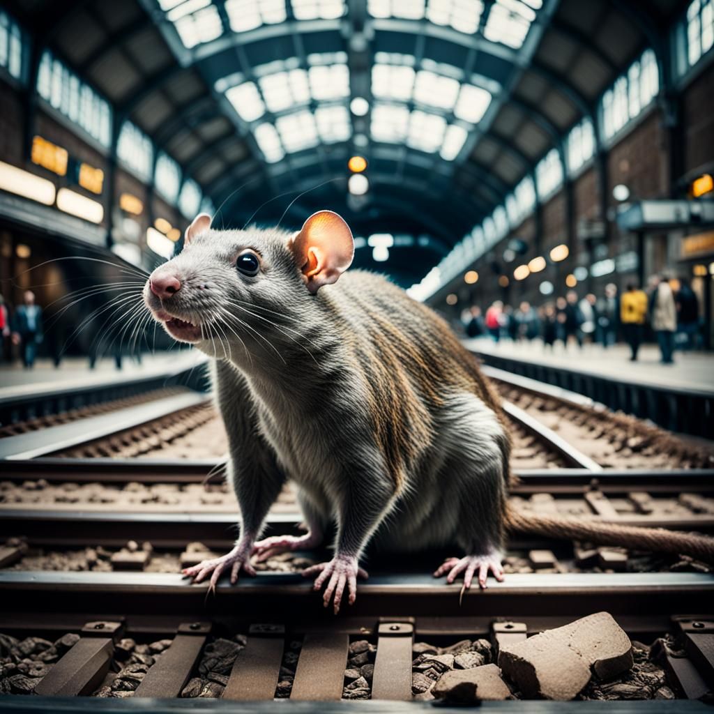 Giant Rat in Train Station: Cinematic Film Still