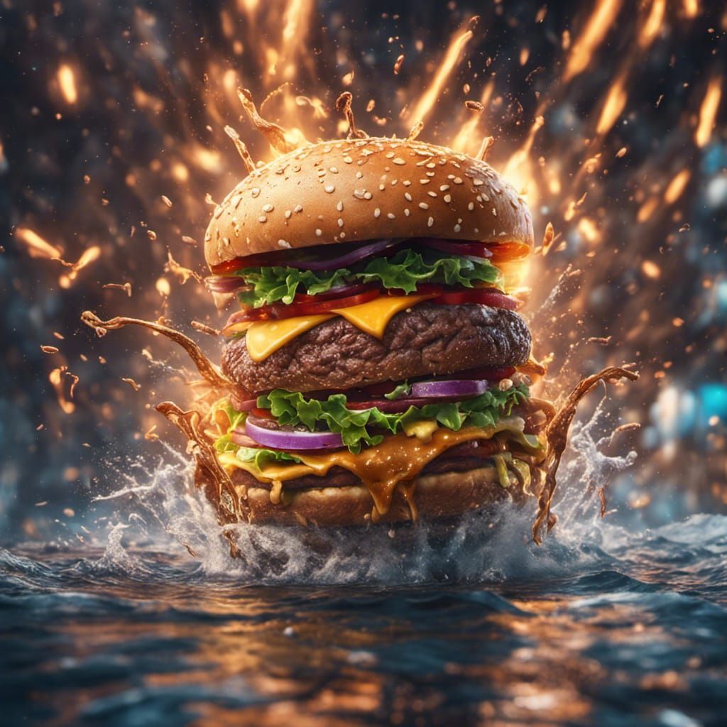 Exploding Hamburger Cat in Detailed Matte Painting