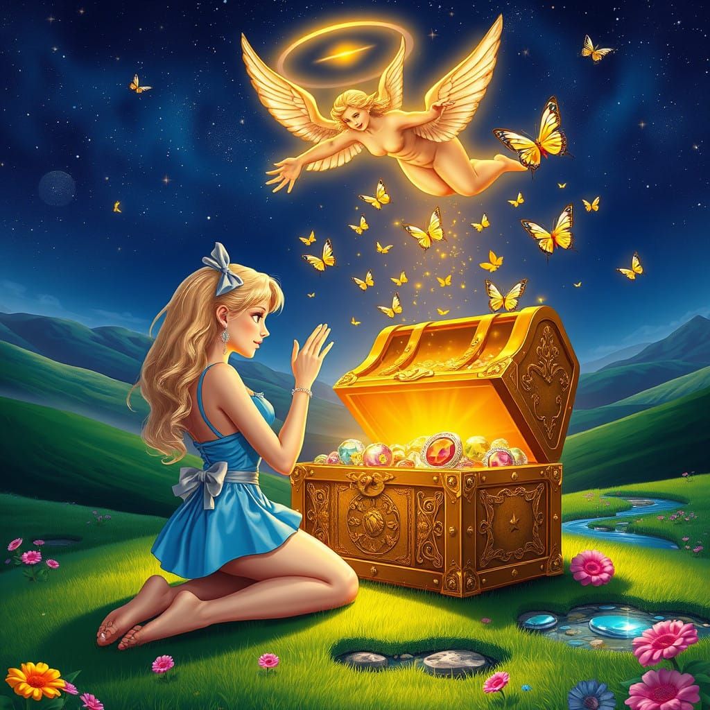 Golden Treasure Discovery in Whimsical Wonderland Night Sky