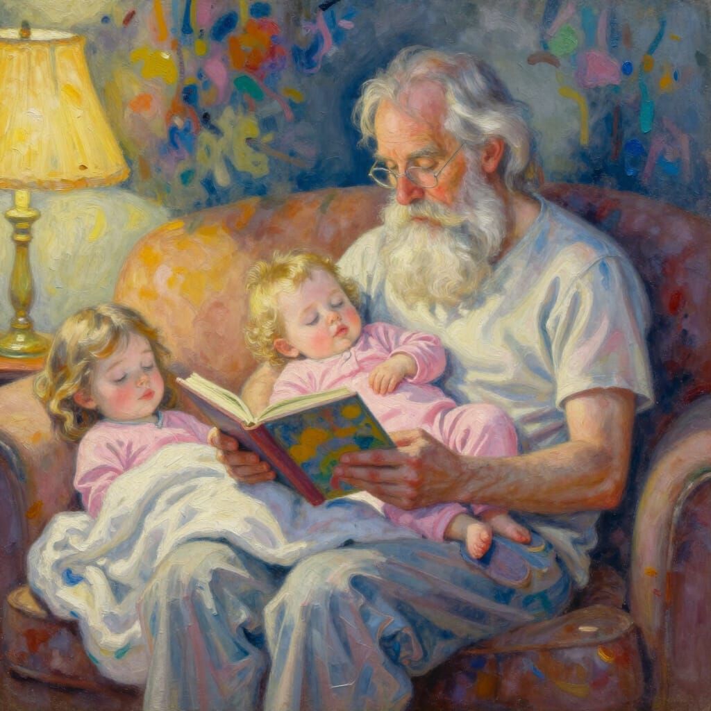 Grandfather Reads to Sleeping Children in Warm Light