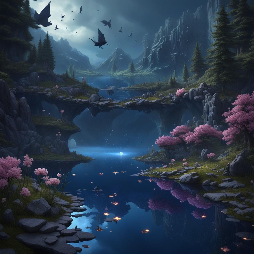 Enchanted Dark Lake Scene with Goth Fairies