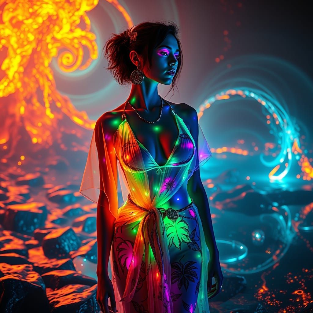 Surreal Goddess Radiates Iridescent Glow in Cosmic Landscape