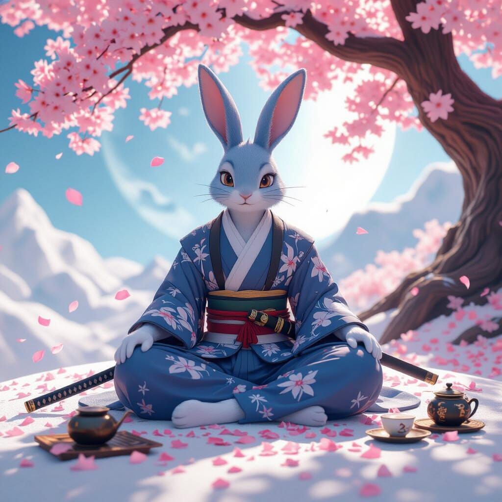 Jade Rabbit Meditating on the Moon in Anime Style