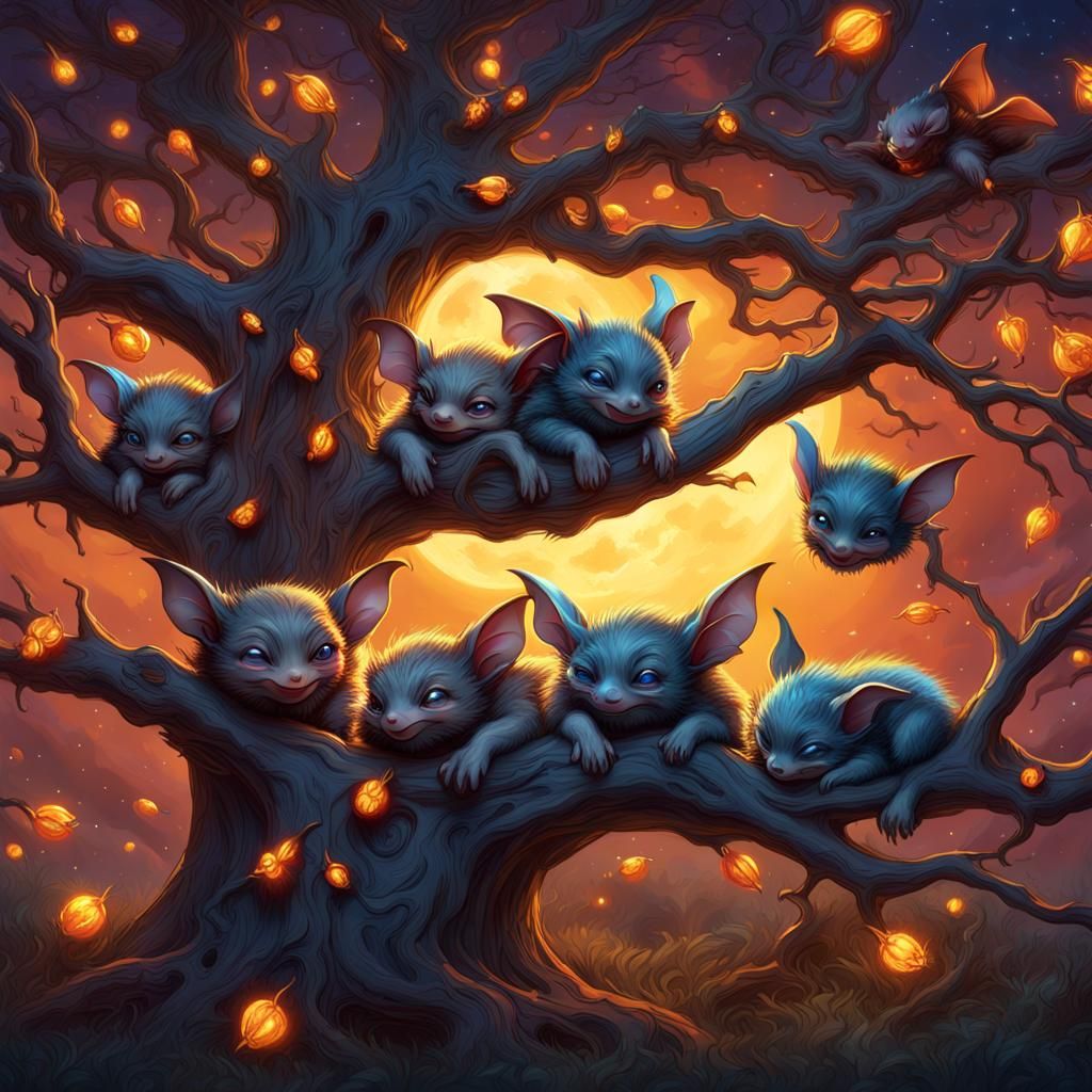 Chibi Vampire Bats Sleeping Under Galaxy Sky