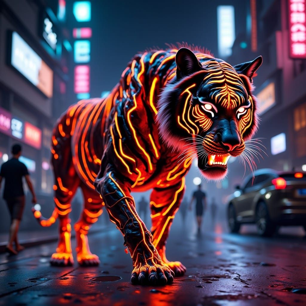 Cyberpunk Tiger in Neon Cityscape