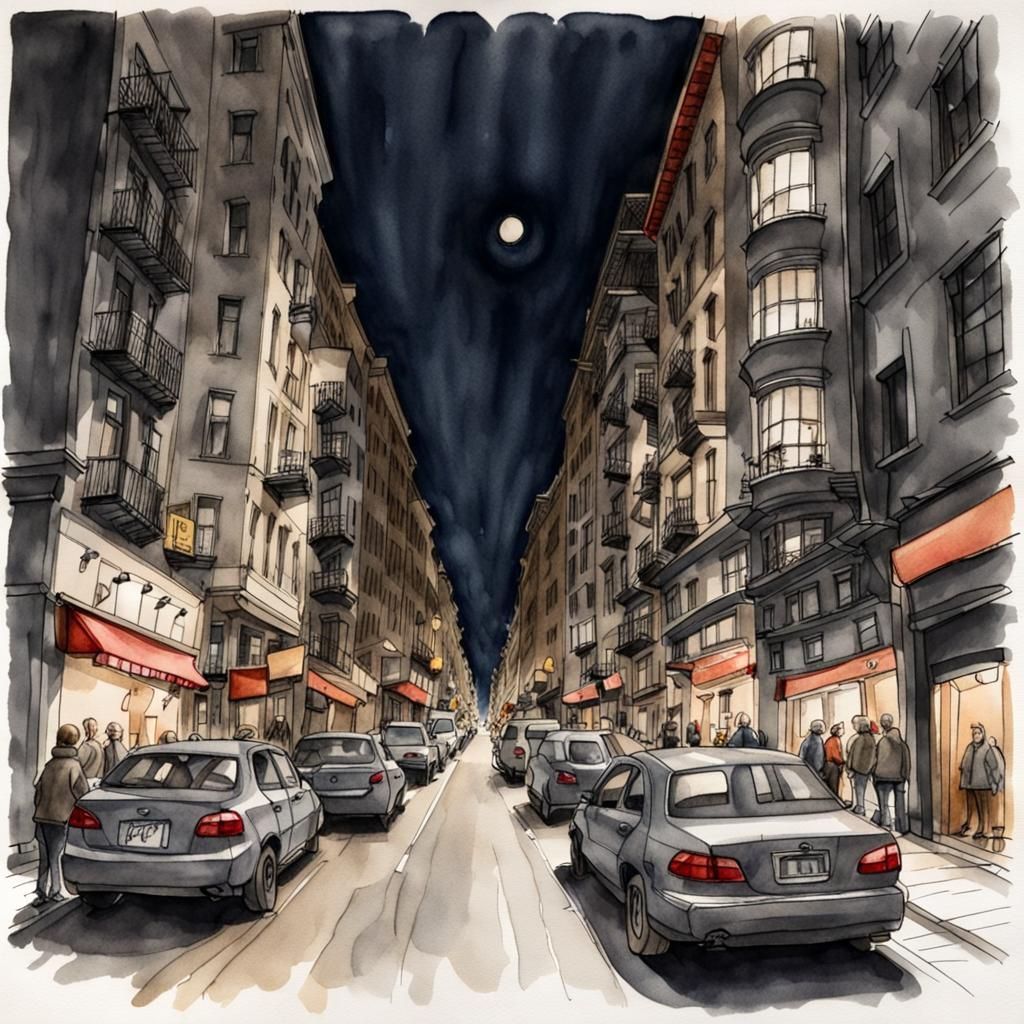 City Street at Night: Ink and Watercolor Sketch