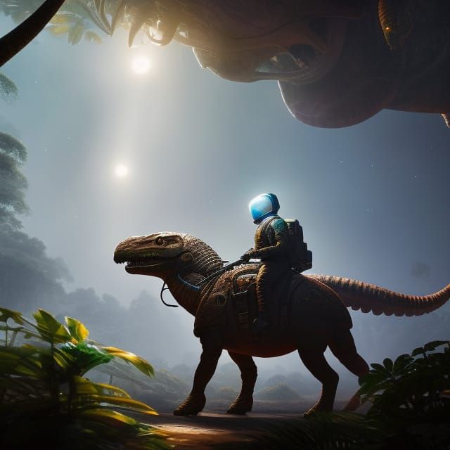 Astronaut on Dinosaur in Jungle, Oil Painting