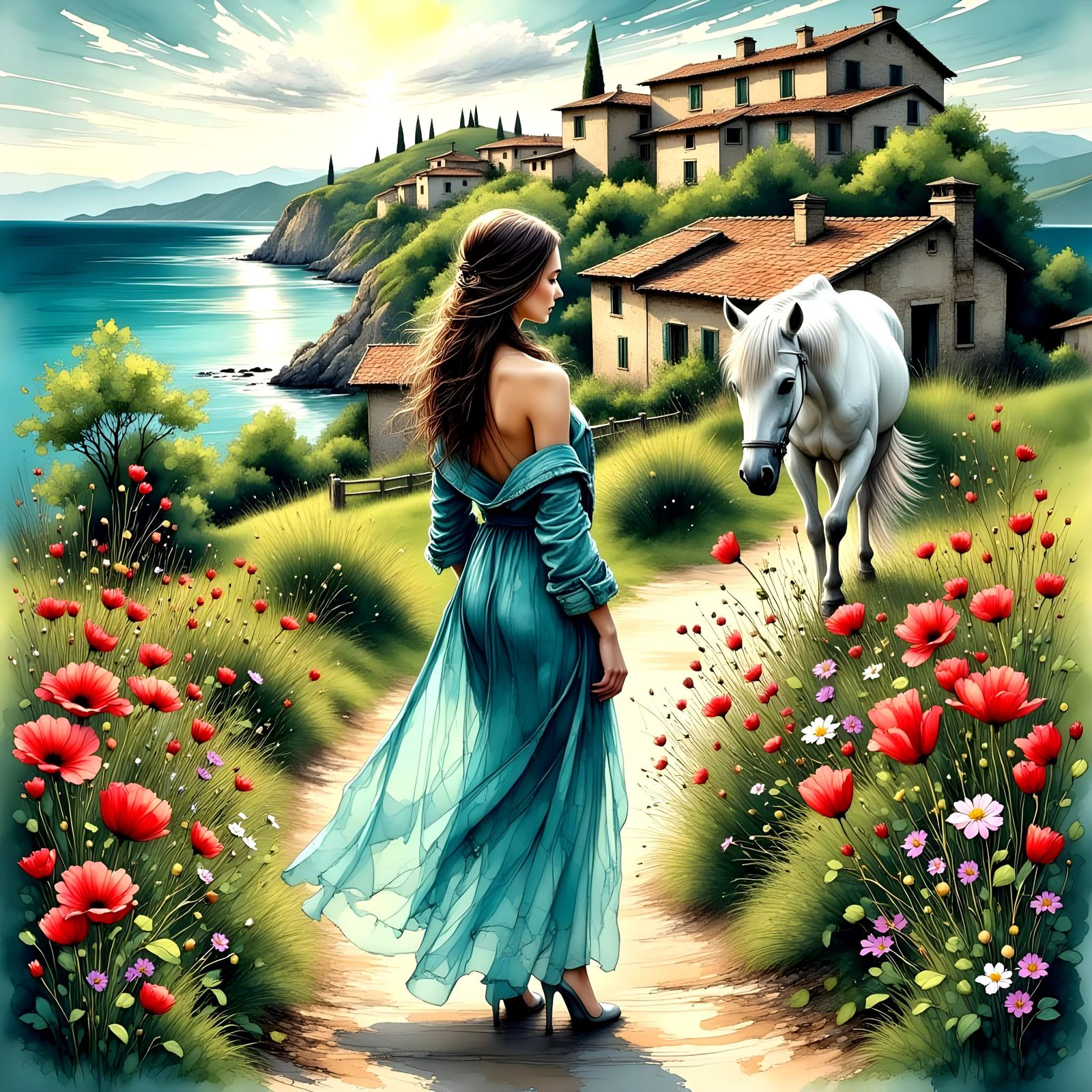 Mediterranean Twilight Goddess in Denim Jacket