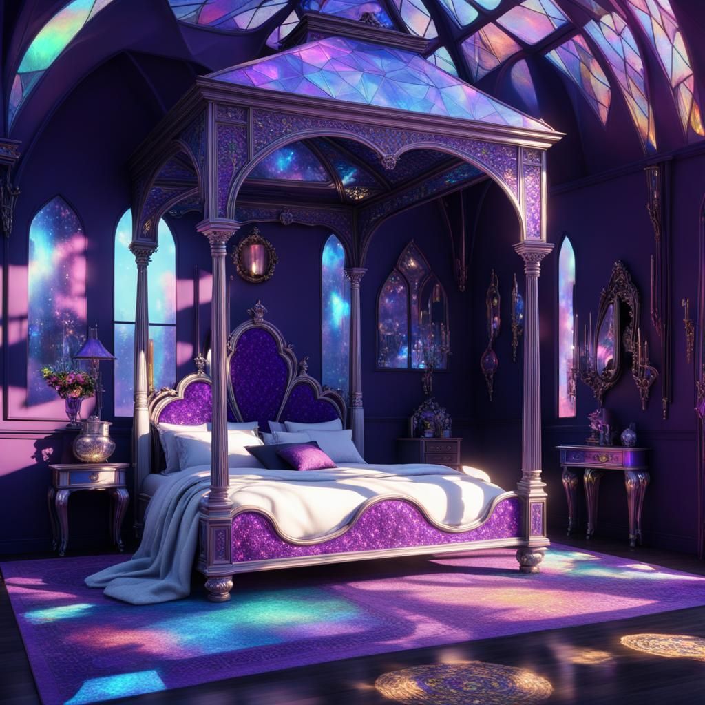 Epic holographic purple gothic bedroom with holographic purple walls and holographic purple gothic bed& multi chromatic ...