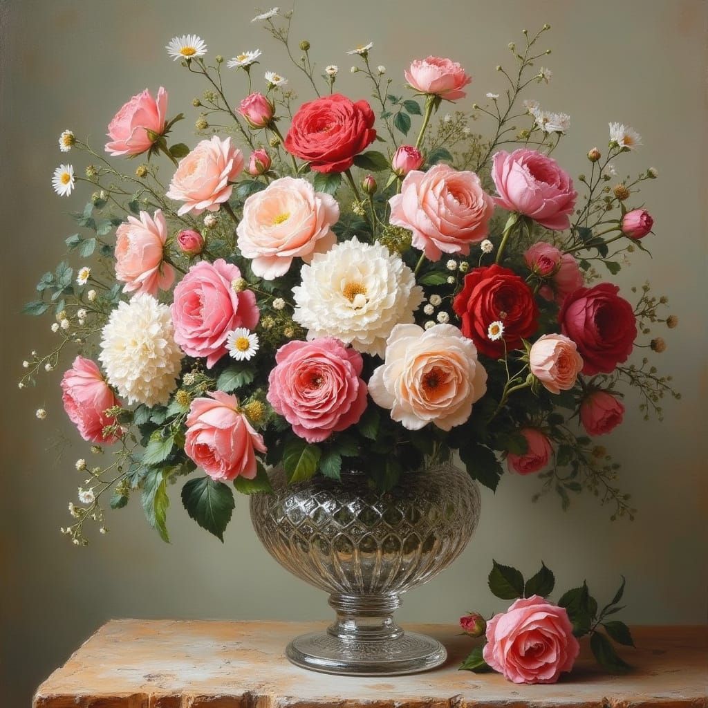 Impressionist Oil Painting of Antique Vase with Vibrant Rose...