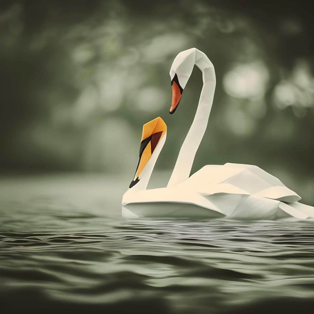 Origami Swan on Lake: Detailed Digital Art
