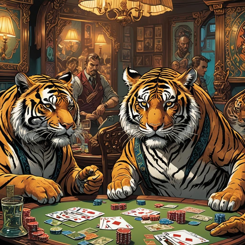 Tigers Playing Poker in Comic Book Style