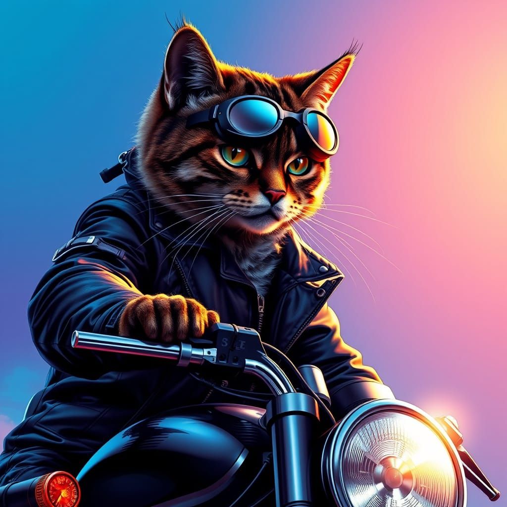 Cyberpunk Cat Rider in Vibrant Sunset