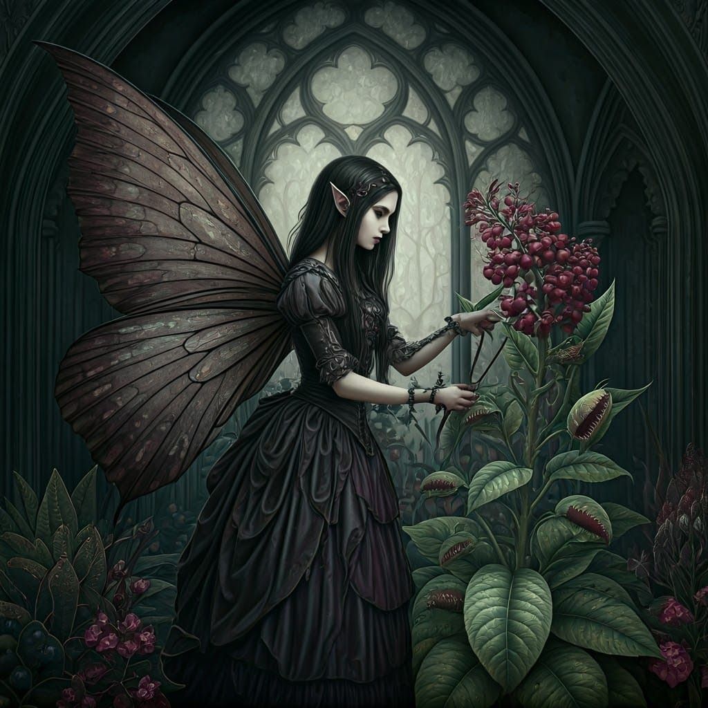 Gothic Fairy in Poisonous Garden: Dreamlike Illustration