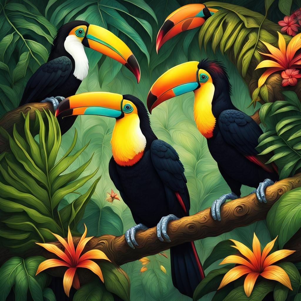 Artwork depicting three toucans in the jungle.