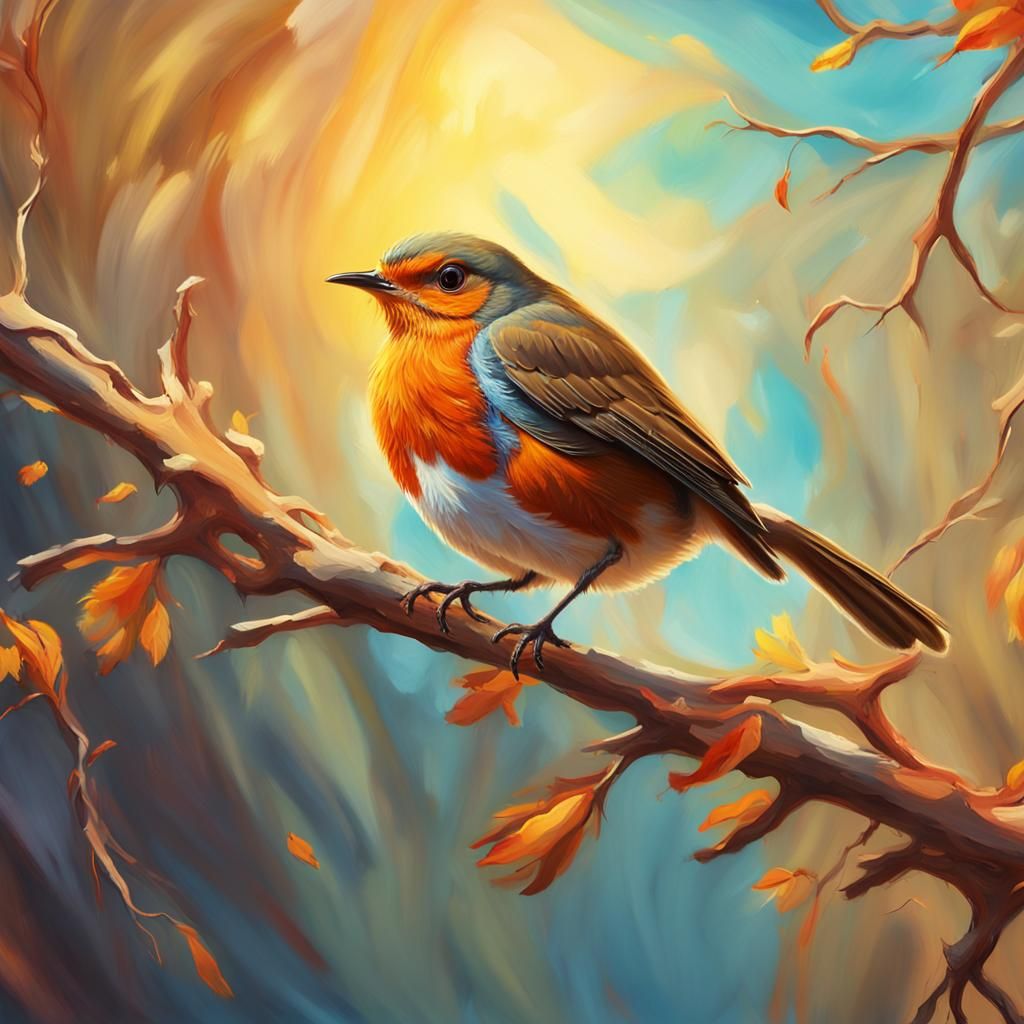 Robin Leaping in Surreal Oil on Canvas