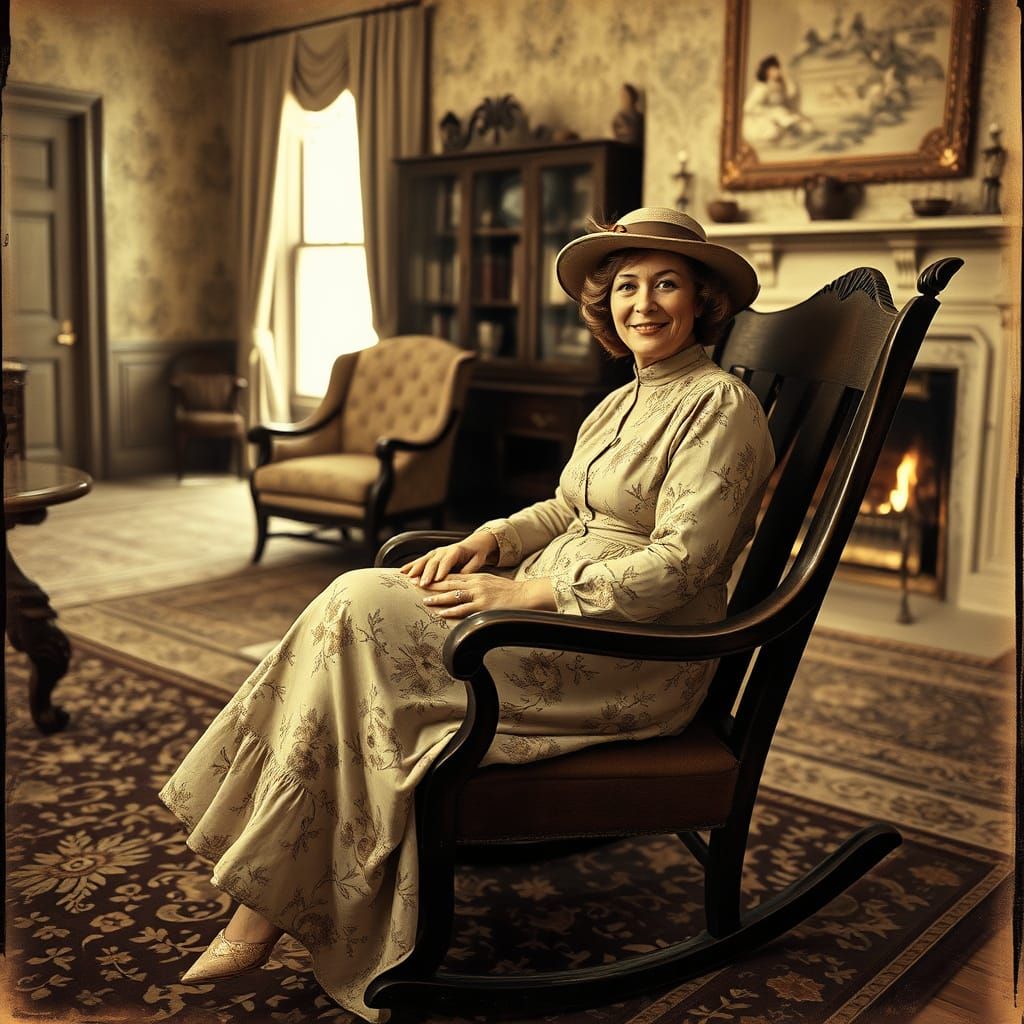 Vintage Woman in Distressed Sepia-Toned Parlor