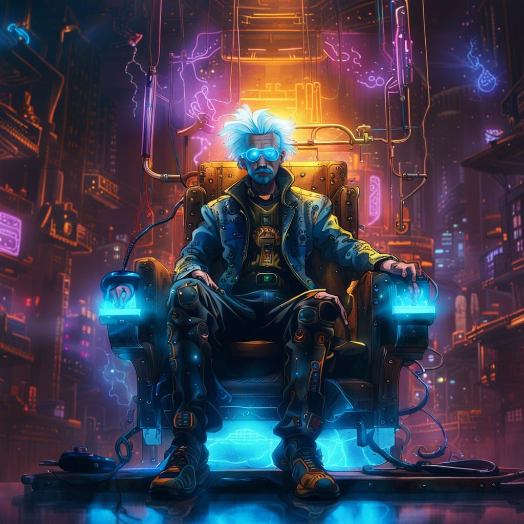 Cyberpunk Robot Einstein on Throne in Dystopian City