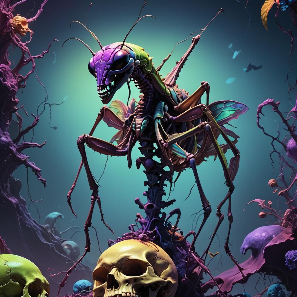Mantis on Skull in Surreal Glowing Colors