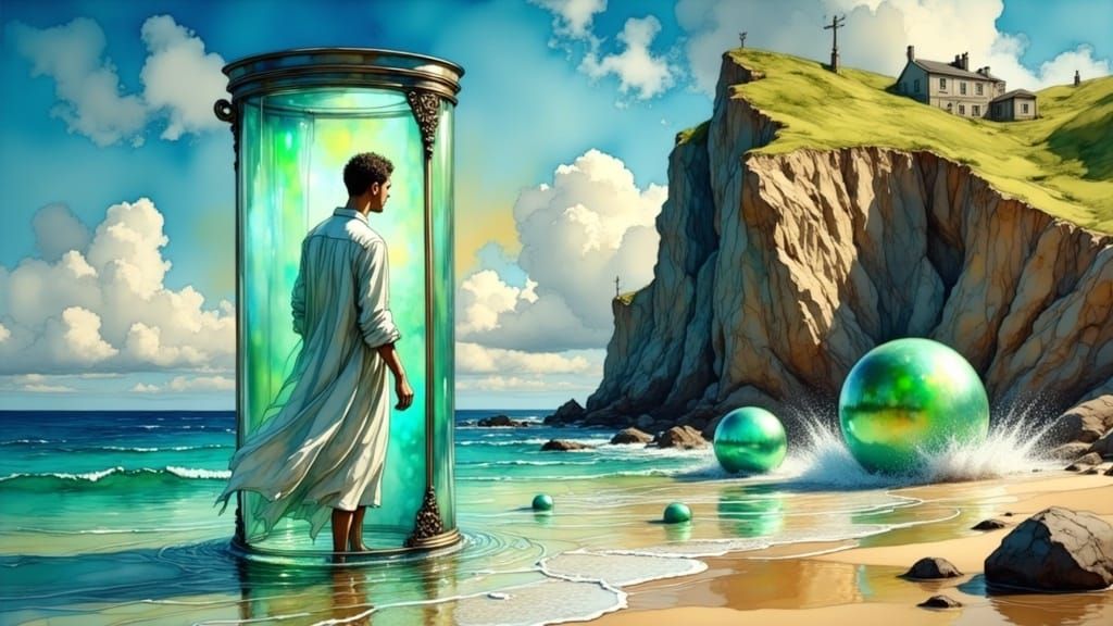 Surreal Figure Contemplates Enchanted Ocean Scene