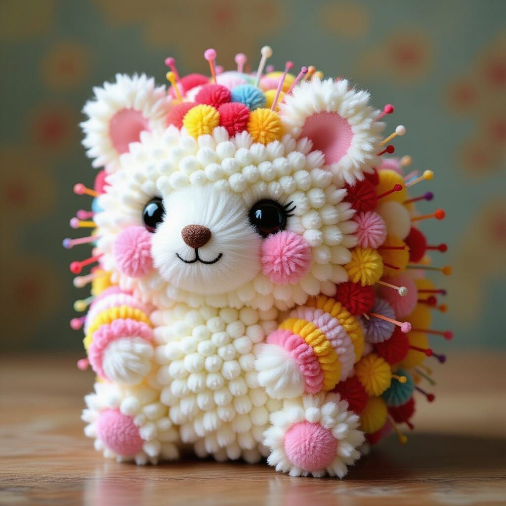 Colorful Pom Pom Porcupine in Kawaii Folk Art Style