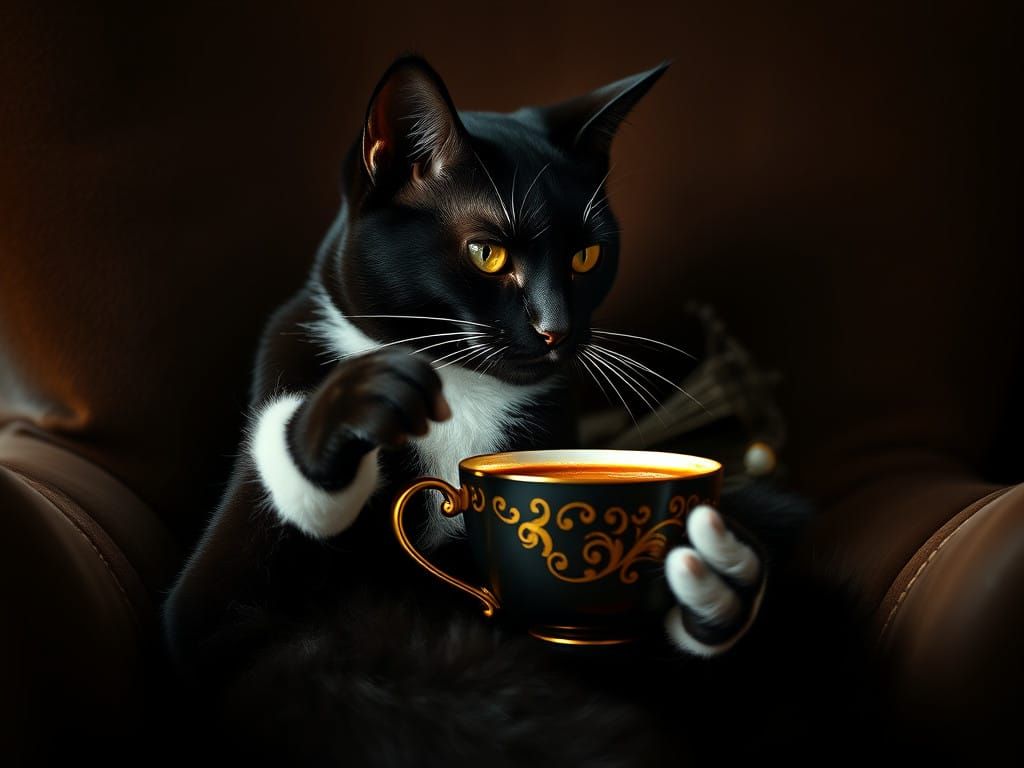 Regal Black Cat Sips Coffee in Luxurious Study