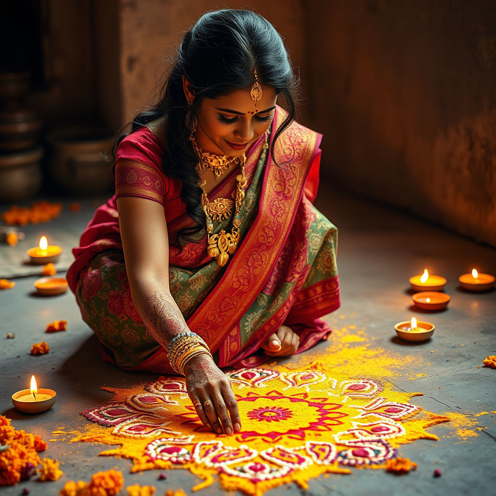 Indian Woman Creates Rangoli in Miniature Painting Style
